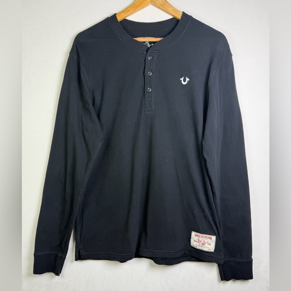 True Religion Men’s Long Sleeve Henley Shirt Black Horseshoe Logo Y2K L